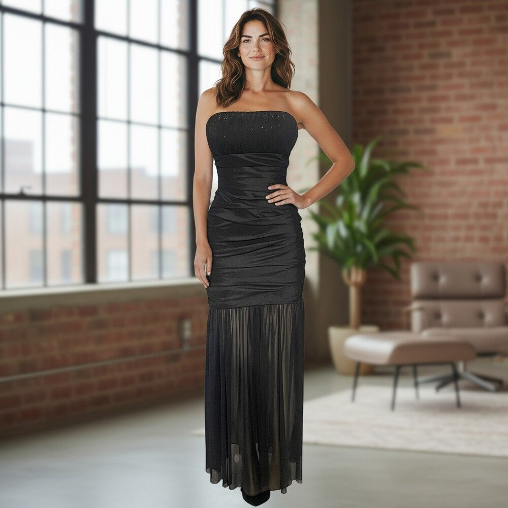 Strapless Embellished Ruched Maxi Dress | Sheer Mesh Overlay | Medium